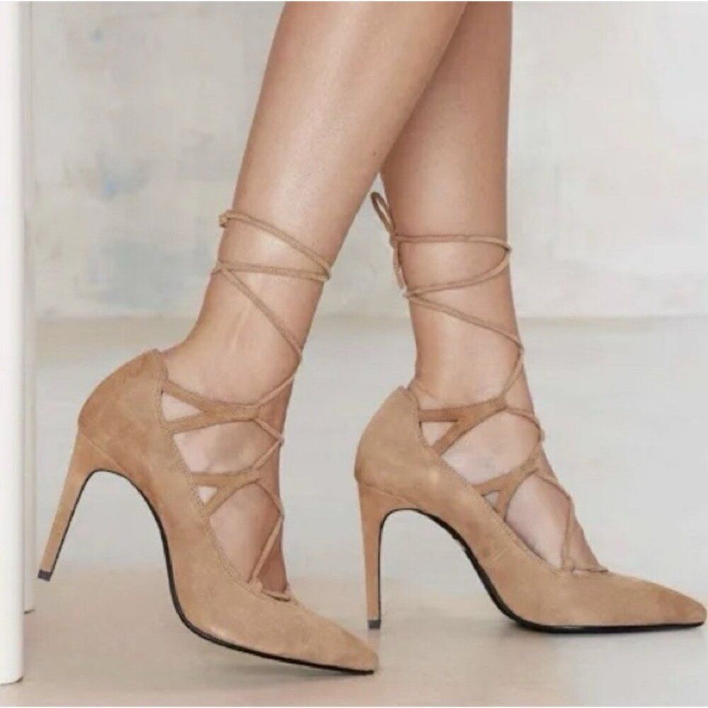 jeffrey campbell tan suede lace up heels Brielle Stiletto Pointed Toe 8